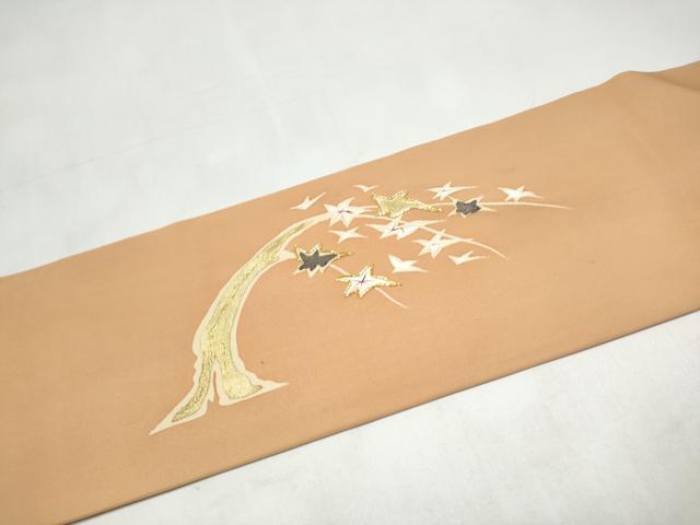 平和屋着物●塩瀬　九寸名古屋帯　駒刺繍　鹿　枝葉文　金彩　正絹　逸品　CABJ8665hy