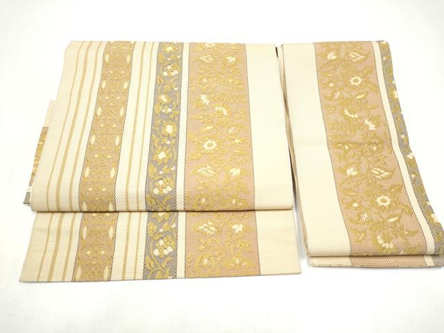 平和屋着物●本場筑前博多織　つけ帯　草花間道　正絹　逸品　CABJ8673hy