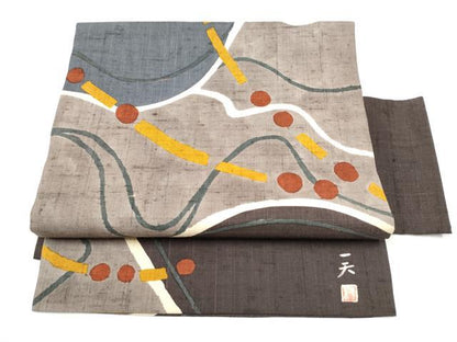平和屋着物●つけ帯　作家物　紬地　ろうけつ染　幾何学文様　正絹　逸品　CABJ8676hy