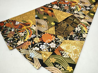 平和屋着物●丸帯　唐織　切嵌花喰鳥　黒地　金糸　正絹　逸品　CABJ8699hy