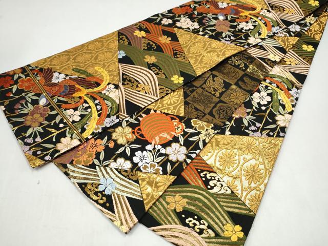 平和屋着物●丸帯　唐織　切嵌花喰鳥　黒地　金糸　正絹　逸品　CABJ8699hy