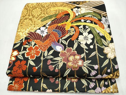 平和屋着物●丸帯　唐織　切嵌花喰鳥　黒地　金糸　正絹　逸品　CABJ8699hy