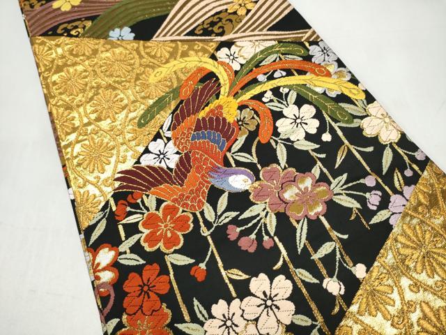 平和屋着物●丸帯　唐織　切嵌花喰鳥　黒地　金糸　正絹　逸品　CABJ8699hy