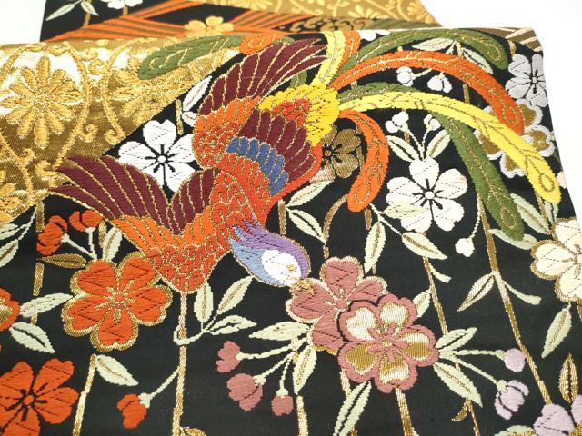 平和屋着物●丸帯　唐織　切嵌花喰鳥　黒地　金糸　正絹　逸品　CABJ8699hy