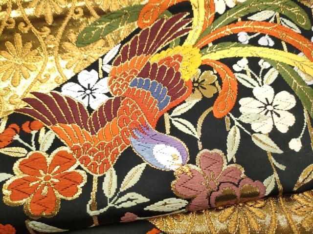 平和屋着物●丸帯　唐織　切嵌花喰鳥　黒地　金糸　正絹　逸品　CABJ8699hy