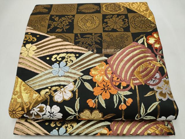 平和屋着物●丸帯　唐織　切嵌花喰鳥　黒地　金糸　正絹　逸品　CABJ8699hy