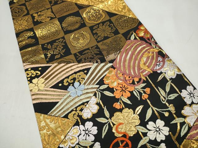 平和屋着物●丸帯　唐織　切嵌花喰鳥　黒地　金糸　正絹　逸品　CABJ8699hy
