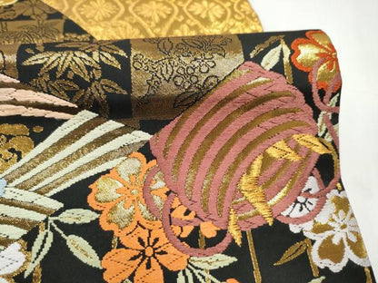 平和屋着物●丸帯　唐織　切嵌花喰鳥　黒地　金糸　正絹　逸品　CABJ8699hy