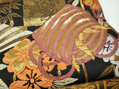 平和屋着物●丸帯　唐織　切嵌花喰鳥　黒地　金糸　正絹　逸品　CABJ8699hy
