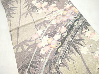 平和屋着物●両面　全通柄袋帯　作家物　笹梅文　銀通し地　正絹　逸品　CABJ8706hy
