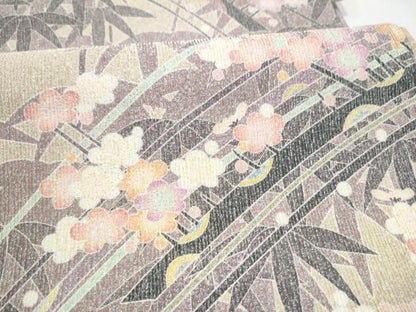 平和屋着物●両面　全通柄袋帯　作家物　笹梅文　銀通し地　正絹　逸品　CABJ8706hy