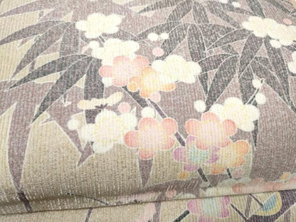 平和屋着物●両面　全通柄袋帯　作家物　笹梅文　銀通し地　正絹　逸品　CABJ8706hy