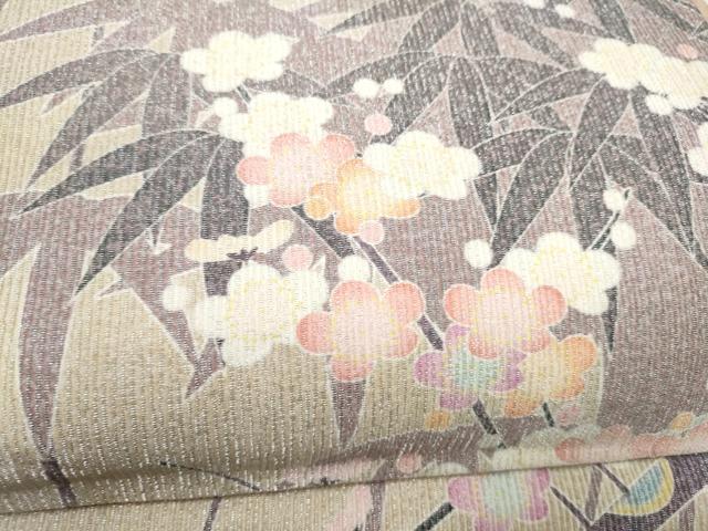 平和屋着物●両面　全通柄袋帯　作家物　笹梅文　銀通し地　正絹　逸品　CABJ8706hy