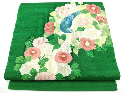 平和屋着物●太鼓柄袋帯　紬地　すくい織　花喰鳥　金糸　正絹　逸品　CABJ8710hy