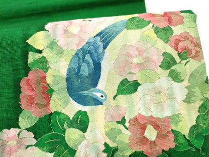 平和屋着物●太鼓柄袋帯　紬地　すくい織　花喰鳥　金糸　正絹　逸品　CABJ8710hy