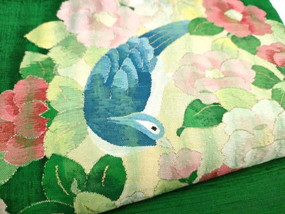 平和屋着物●太鼓柄袋帯　紬地　すくい織　花喰鳥　金糸　正絹　逸品　CABJ8710hy
