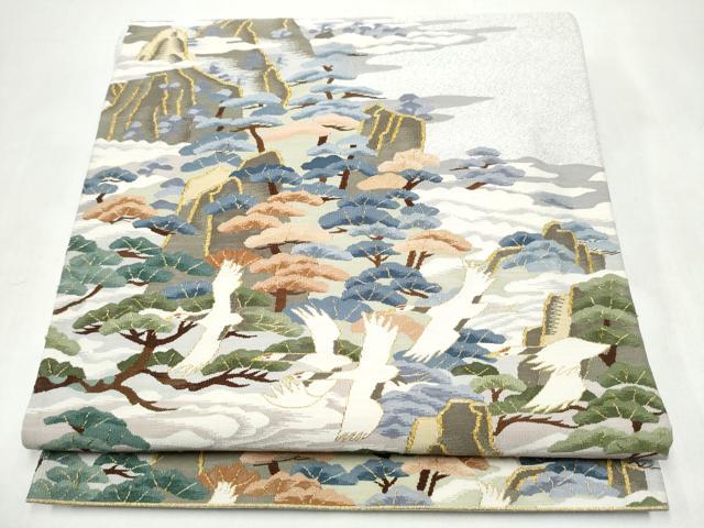 平和屋着物●名門・上野家 四代目 上野真(二代目 上野為二)　監修 爪搔き本綴れ 六通柄袋帯 遠山飛鶴松文 金糸 正絹 逸品 CABJ8711hy