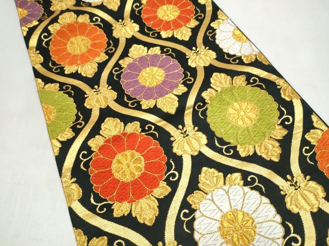 平和屋着物●六通柄袋帯　唐織　立涌菊文　黒地　金糸　正絹　逸品　CABJ8719hy