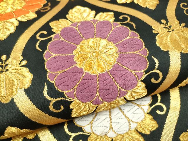 平和屋着物●六通柄袋帯　唐織　立涌菊文　黒地　金糸　正絹　逸品　CABJ8719hy