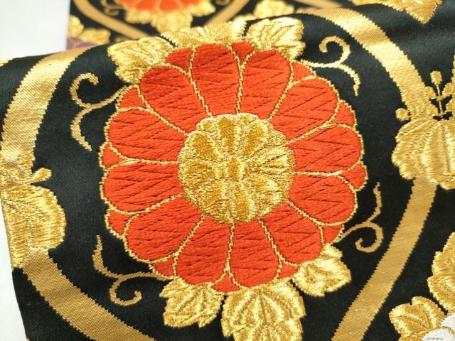 平和屋着物●六通柄袋帯　唐織　立涌菊文　黒地　金糸　正絹　逸品　CABJ8719hy