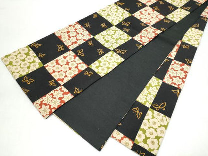 平和屋着物●六通柄袋帯　市松花蝶文　黒地　鬼しぼ縮緬　正絹　逸品　CABJ8723hy