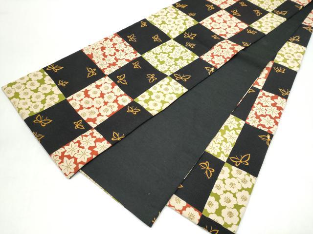 平和屋着物●六通柄袋帯　市松花蝶文　黒地　鬼しぼ縮緬　正絹　逸品　CABJ8723hy
