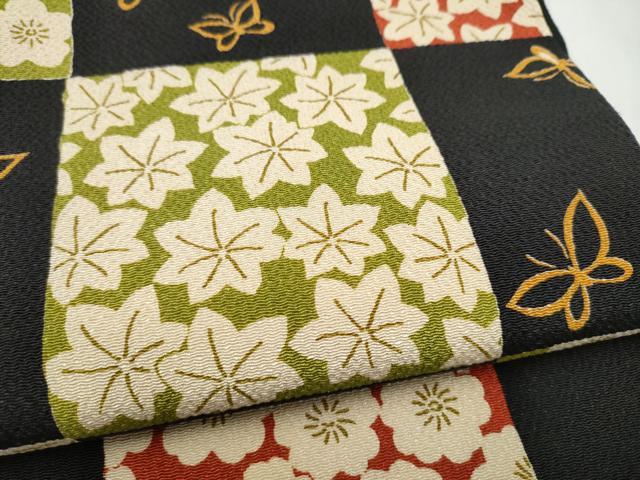 平和屋着物●六通柄袋帯　市松花蝶文　黒地　鬼しぼ縮緬　正絹　逸品　CABJ8723hy
