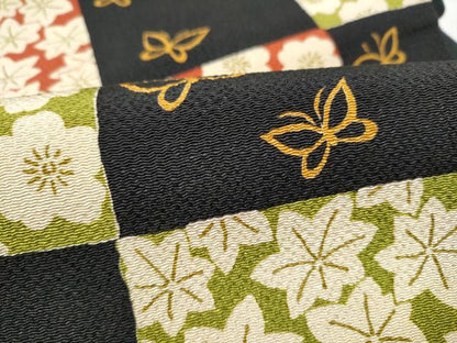 平和屋着物●六通柄袋帯　市松花蝶文　黒地　鬼しぼ縮緬　正絹　逸品　CABJ8723hy