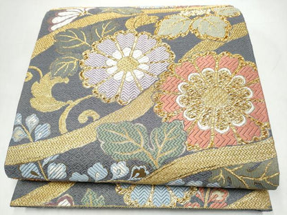 平和屋着物●六通柄袋帯　草花文　金糸　正絹　逸品　CABJ8725hy