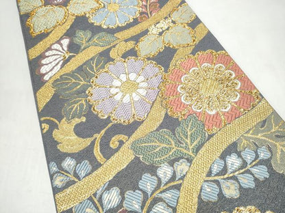 平和屋着物●六通柄袋帯　草花文　金糸　正絹　逸品　CABJ8725hy