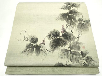 平和屋着物●太鼓柄袋帯　作家物　手描き　紬地　葡萄蔦の葉文　正絹　逸品　CABJ8730hy