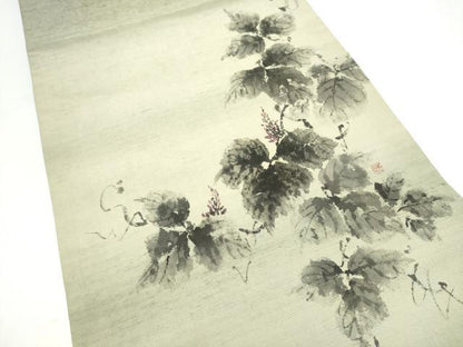 平和屋着物●太鼓柄袋帯　作家物　手描き　紬地　葡萄蔦の葉文　正絹　逸品　CABJ8730hy