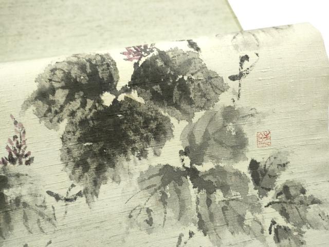 平和屋着物●太鼓柄袋帯　作家物　手描き　紬地　葡萄蔦の葉文　正絹　逸品　CABJ8730hy