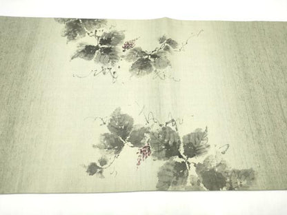 平和屋着物●太鼓柄袋帯　作家物　手描き　紬地　葡萄蔦の葉文　正絹　逸品　CABJ8730hy