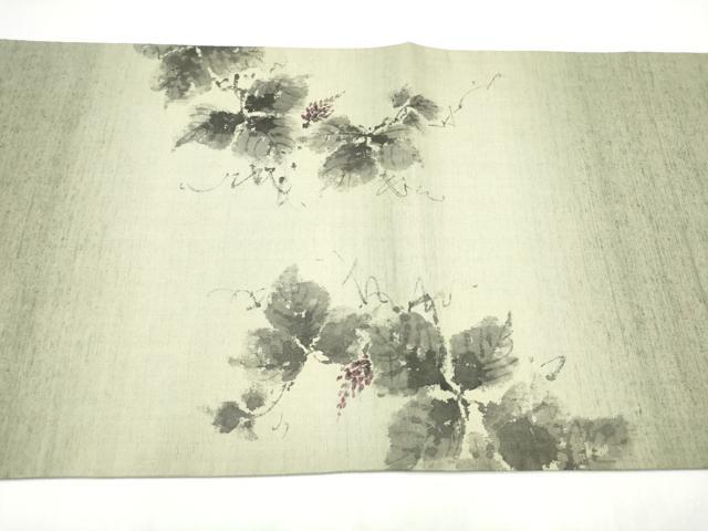 平和屋着物●太鼓柄袋帯　作家物　手描き　紬地　葡萄蔦の葉文　正絹　逸品　CABJ8730hy