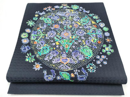 平和屋着物●両面　太鼓柄袋帯　ろうけつ染　花鳥文　正絹　逸品　CABJ8735hy