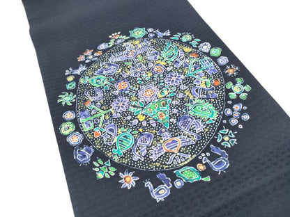 平和屋着物●両面　太鼓柄袋帯　ろうけつ染　花鳥文　正絹　逸品　CABJ8735hy