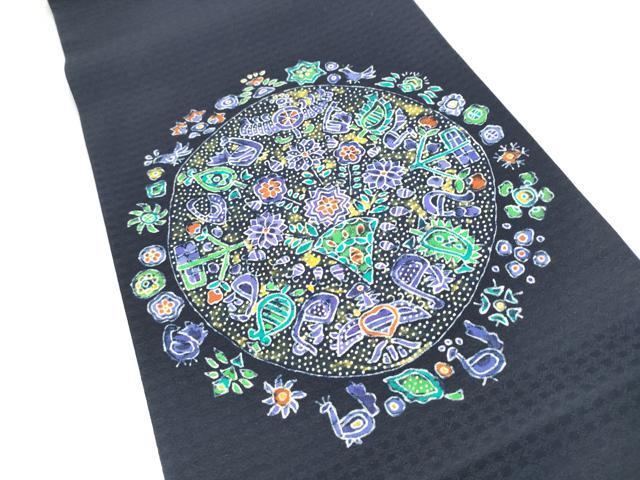 平和屋着物●両面　太鼓柄袋帯　ろうけつ染　花鳥文　正絹　逸品　CABJ8735hy