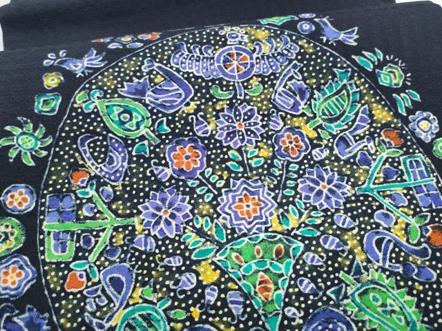 平和屋着物●両面　太鼓柄袋帯　ろうけつ染　花鳥文　正絹　逸品　CABJ8735hy