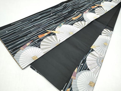 平和屋着物●六通柄袋帯　唐織　末広がり蛇の目傘　黒地　金銀糸　正絹　逸品　CABJ8748hy