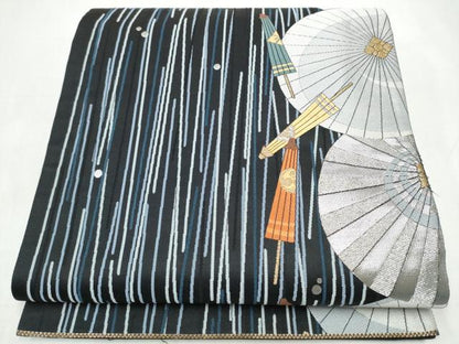平和屋着物●六通柄袋帯　唐織　末広がり蛇の目傘　黒地　金銀糸　正絹　逸品　CABJ8748hy