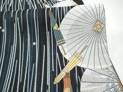 平和屋着物●六通柄袋帯　唐織　末広がり蛇の目傘　黒地　金銀糸　正絹　逸品　CABJ8748hy