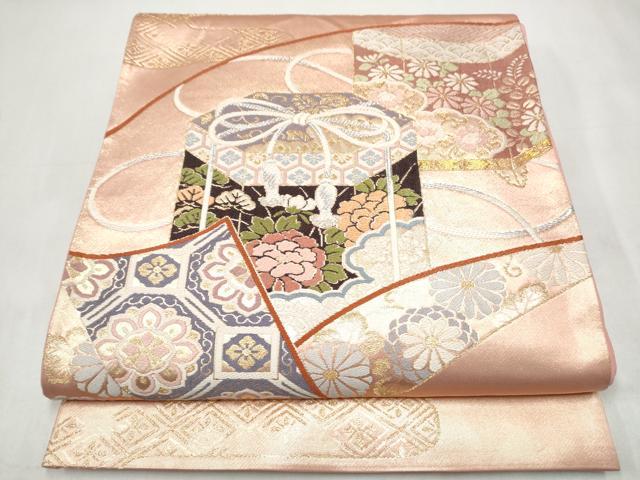 平和屋着物●西陣河村織物謹製・手織り　六通柄袋帯　唐織　双寿扇文　正絹　逸品　CABJ8767hy