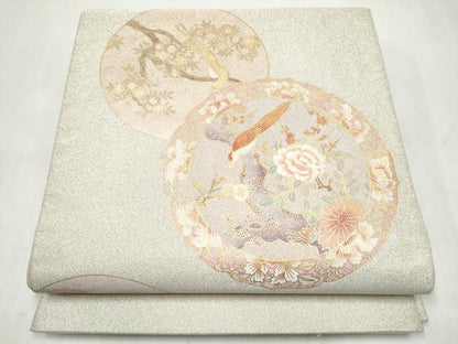 平和屋着物●太鼓柄袋帯　綴れ　絵皿休み鳥花文　金彩　正絹　逸品　CABJ8771hy