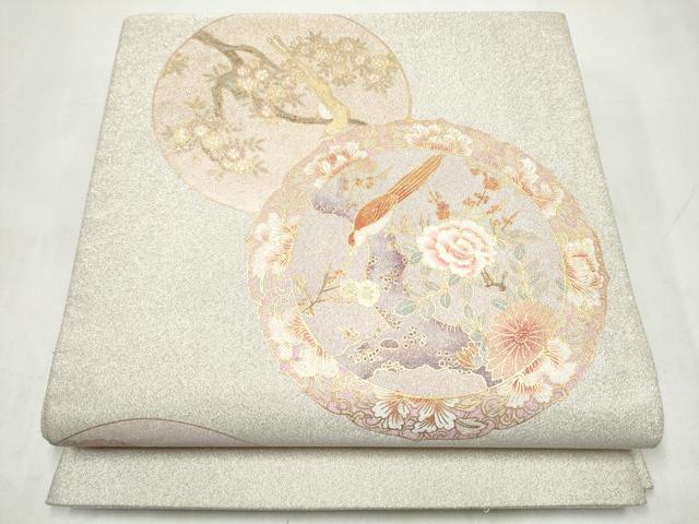 平和屋着物●太鼓柄袋帯　綴れ　絵皿休み鳥花文　金彩　正絹　逸品　CABJ8771hy