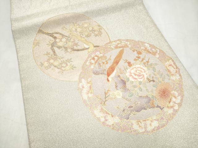 平和屋着物●太鼓柄袋帯　綴れ　絵皿休み鳥花文　金彩　正絹　逸品　CABJ8771hy