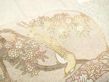 平和屋着物●太鼓柄袋帯　綴れ　絵皿休み鳥花文　金彩　正絹　逸品　CABJ8771hy