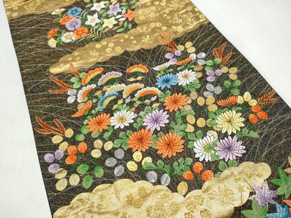 平和屋着物●六通柄袋帯　唐織　秋乃草花　金銀糸　正絹　逸品　CABJ8779hy