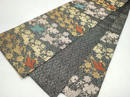 平和屋着物●六通柄袋帯　四季しまつづれ　花喰鳥　金糸　正絹　逸品　CABJ8789hy