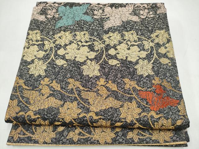 平和屋着物●六通柄袋帯　四季しまつづれ　花喰鳥　金糸　正絹　逸品　CABJ8789hy
